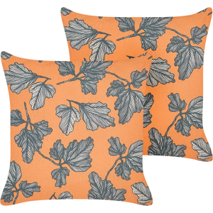 Beliani Set of 2 Scatter Cushions Orange and Black Linen Cotton Polyester 45 x 45 cm with Leaf Pattern Removable Covers Zipper Closure Modern Traditional Living Room Material:Polyester Size:45x10x45