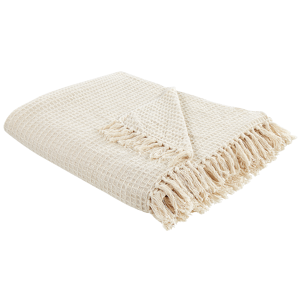 Beliani Blanket Light Beige Cotton Throw 220 x 240 cm Hand Woven with Tassels Sofa Bed Home Accessories Material:Cotton Size:xx220