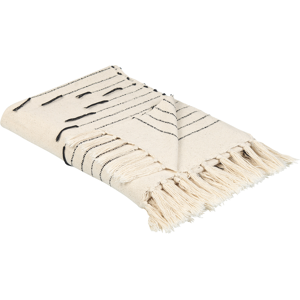 Beliani Throw Blanket Light Beige and Black Cotton 130 x 170 cm Striped Pattern Accessory with Decorative Tassels Handmade Material:Cotton Size:x1x130