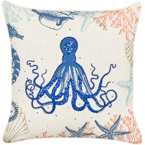 Beliani Scatter Cushion Beige Linen 45 x 45 cm Marine Octopus Pattern Square Polyester Filling Home Accessories Material:Linen Size:45x10x45