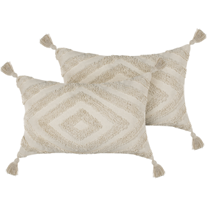 Beliani Decorative Cushion Beige Cotton 40 x 60 cm With Tassels Boho Geometric Pattern Handmade Accent Piece Material:Cotton Size:60x10x40