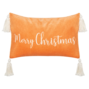Beliani Scatter Cushion Orange Cotton Velvet 30 x 50 cm Christmas Motif Caption with Tassels Accessories Festive Decor Material:Velvet Size:30x10x50