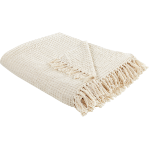 Beliani Blanket Light Beige Cotton Throw 150 x 200 cm Hand Woven with Tassels Sofa Bed Home Accessories Material:Cotton Size:xx150