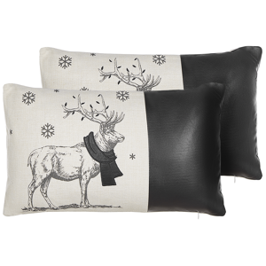 Beliani Set of 2 Scatter Cushions Black Polyester Fabric 30 x 50 cm Reindeer Print Off-White Background with Filing Material:Polyester Size:50x10x30