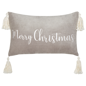 Beliani Scatter Cushion Grey Cotton Velvet 30 x 50 cm Christmas Motif Caption with Tassels Accessories Festive Decor Material:Velvet Size:30x10x50