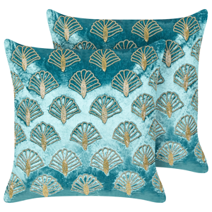 Beliani Set of 2 Scatter Cushions Turquoise and Gold Velvet 45 x 45 cm Square Handmade Throw Pillows Embroidered Seashell Pattern Removable Covers Material:Velvet Size:45x10x45