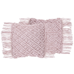 Beliani Decorative Cushion Set of 2 Pink Cotton Macramé 40 x 40 cm with Tassels Rope Boho Retro Decor Accessories Material:Cotton Size:40x12x40