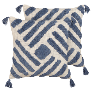 Beliani Set of 2 Scatter Cushions Beige and Blue Cotton 45 x 45 cm Geometric Pattern Tassels Removable Cover with Filling Boho Style Material:Cotton Size:45x10x45
