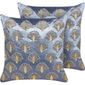 Beliani Set of 2 Scatter Cushions Violet and Gold Velvet 45 x 45 cm Square Handmade Throw Pillows Embroidered Seashell Pattern Removable Cover Material:Velvet Size:45x10x45