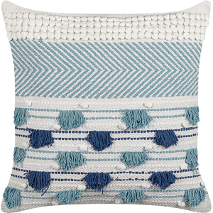 Beliani Decorative Cushion White and Blue Cotton 45 x 45 cm with Tassels Boho Decor Accessories Material:Cotton Size:45x14x45