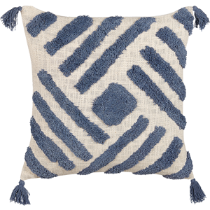 Beliani Scatter Cushion Beige and Blue Cotton 45 x 45 cm Geometric Pattern Tassels Removable Cover with Filling Boho Style Material:Cotton Size:45x10x45