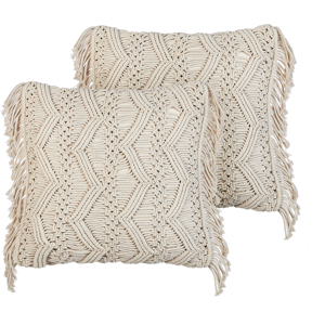 Beliani Set of 2 Decorative Cushions Light Beige Cotton Macramé 45 x 45 cm with Tassels Rope Boho Retro Decor Accessories Material:Cotton Size:45x10x45