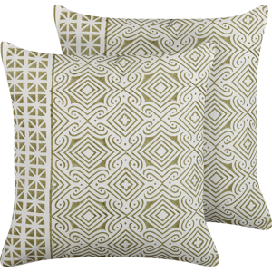 Beliani Set of 2 Scatter Cushions Green and White 45 x 45 cm Hand Block Print Removable Covers Zipper Oriental Pattern  Material:Cotton Size:45x10x45