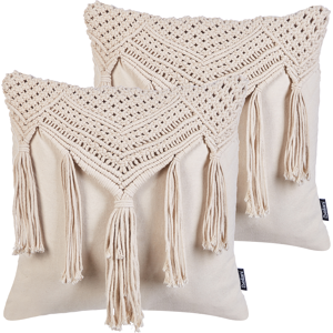 Beliani Decorative Cushion Set of 2 Beige Cotton Macramé 45 x 45 cm with Tassels Rope Boho Retro Decor Accessories Material:Cotton Size:45x10x45