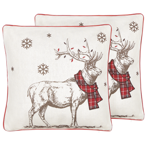 Beliani Set of 2 Scatter Cushions Red Polyester Fabric 45 x 45 cm Reindeer Print Off-White Background with Filing Material:Polyester Size:45x10x45