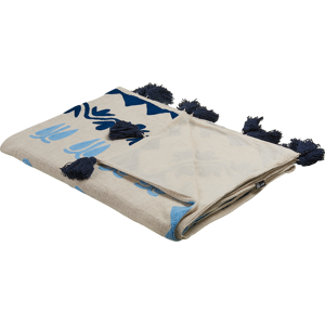 Beliani Blanket Beige and Blue Cotton 130 x 180 cm Handmade Embrioidery Bed Throw Cosy Floral Pattern with Tassels Material:Cotton Size:x1x130