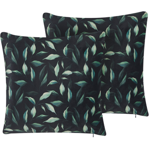 Beliani Set of 2 Scatter Cushions Black and Green 45 x 45 cm Leaf  Pattern Print Decorative Throw Pillows Removable Covers Zipper Closure Modern Style Material:Velvet Size:45x10x45