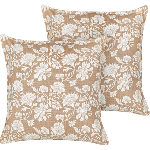 Beliani Set of 2 Scatter Cushions Beige and White Cotton 45 x 45 cm Square Handmade Throw Pillows Printed Floral Pattern Removable Cover Material:Cotton Size:45x15x45