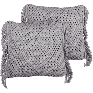 Beliani Decorative Cushion Set of 2 Grey Cotton Macramé 45 x 45 cm with Tassels Rope Boho Retro Decor Accessories Material:Cotton Size:45x10x45