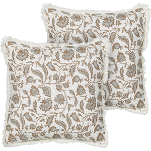 Beliani Set of 2 Scatter Cushions White and Grey Cotton 45 x 45 cm Square Handmade Throw Pillows Printed Floral Pattern Removable Cover Material:Cotton Size:45x15x45