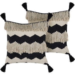 Beliani Decorative Cushions Beige and Black Cotton 40 x 60 cm With Tassels Boho Geometric Pattern Handmade Accent Piece Material:Cotton Size:45x10x45