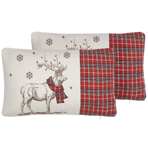 Beliani Set of 2 Scatter Cushions Red Polyester Fabric 30 x 50 cm Reindeer Print Off-White Background with Filing Material:Polyester Size:50x10x30