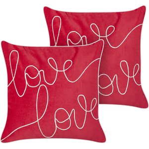 Beliani Set of 2 Scatter Cushions Red Velvet Cotton 45 x 45 cm Square Handmade Throw Pillows Embroidered Love Writing Removable Cover Material:Velvet Size:45x10x45