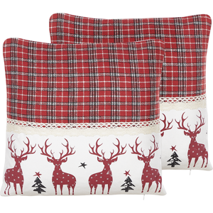 Beliani Set of 2 Cushions Red and White Cotton 45 x 45 cm Plaid and Reindeer Pattern Christmas Holiday Material:Polyester Size:45x10x45