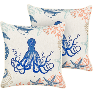 Beliani Set of 2 Scatter Cushions Beige Linen 45 x 45 cm Marine Octopus Pattern Square Polyester Filling Home Accessories Material:Linen Size:45x10x45