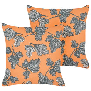 Beliani Set of 2 Scatter Cushions Orange and Black Linen Cotton Polyester 45 x 45 cm with Leaf Pattern Removable Covers Zipper Closure Modern Traditional Living Room Material:Polyester Size:45x10x45