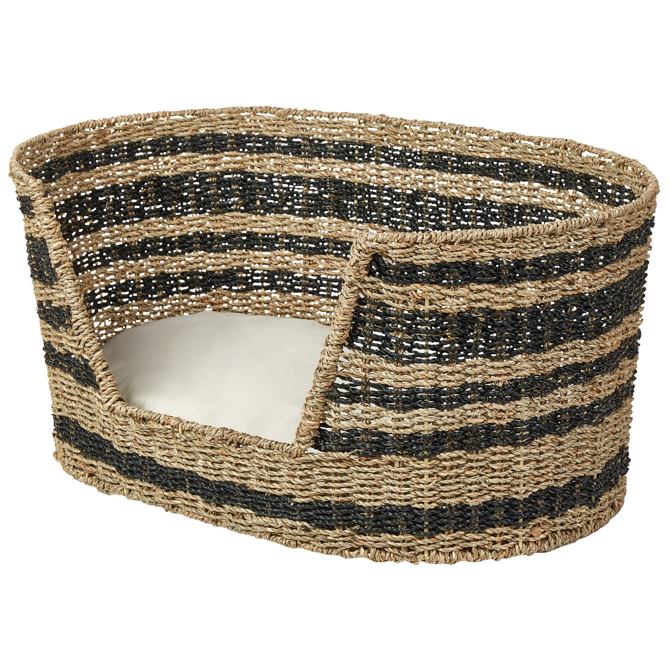 Beliani Pet Basket Natural Black Seagrass 65 x 44 cm with Cotton Cushion Bed for Cat Dog Boho Material:Seagrass Size:44x31x65