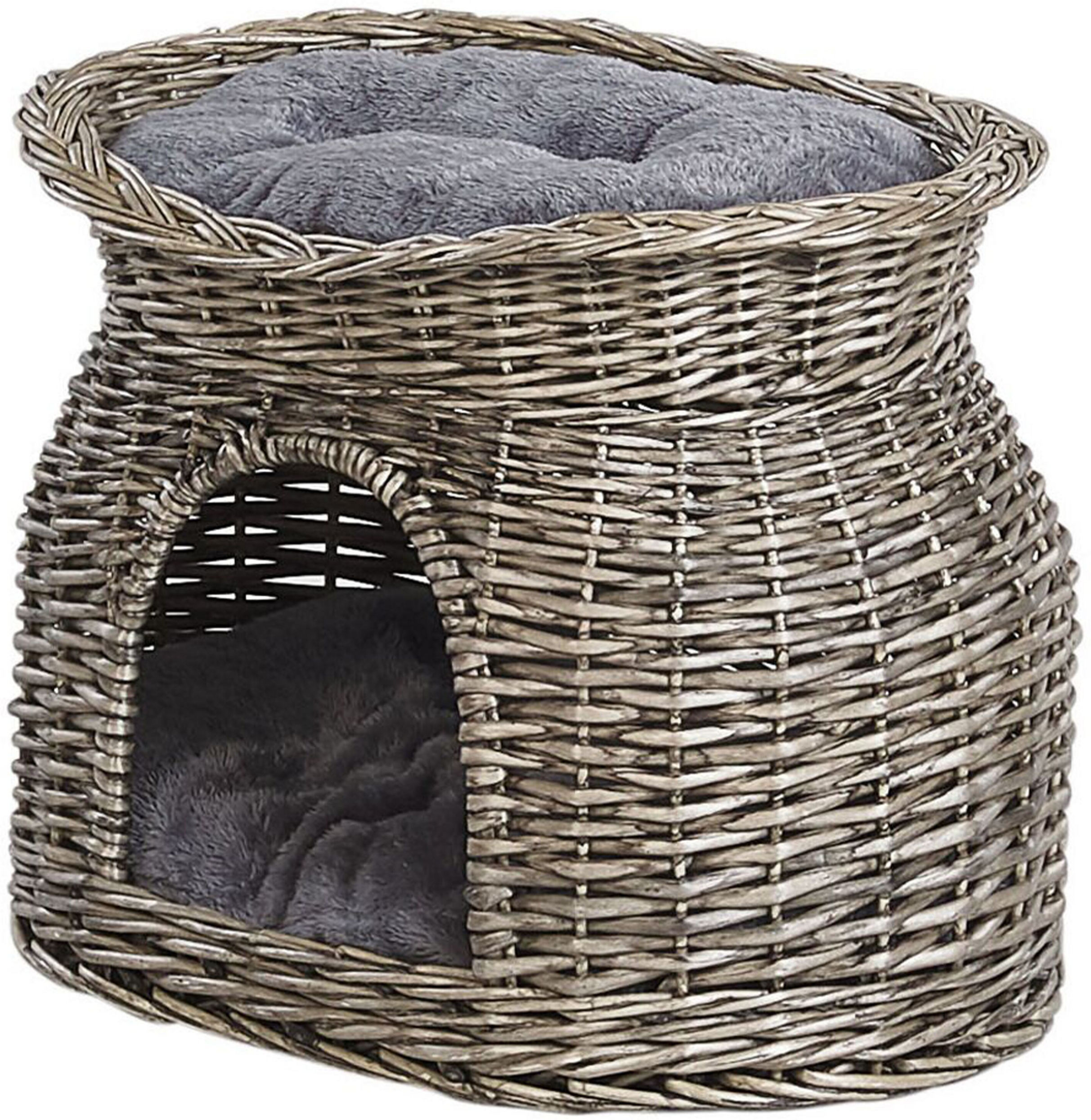 Beliani Cat Basket Grey Willow Wood Polyester Cushions 50 x 35 cm