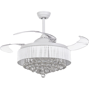 Beliani Ceiling Fan with Light White Metal Acrylic Crystals Foldable Blades Glam Shade with Remote Control 3 Speeds Switch Timer Light Adjustment Material:Iron Size:60x61/71x60