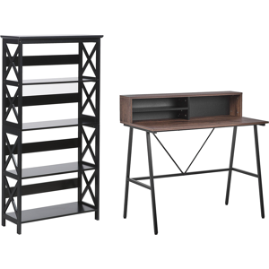 Beliani Home Office Set Desk Bookcase Dark Wood and Black Chipboard MDF Steel Legs Shelves Modern Living Room Study  Material:Chipboard Size:xx