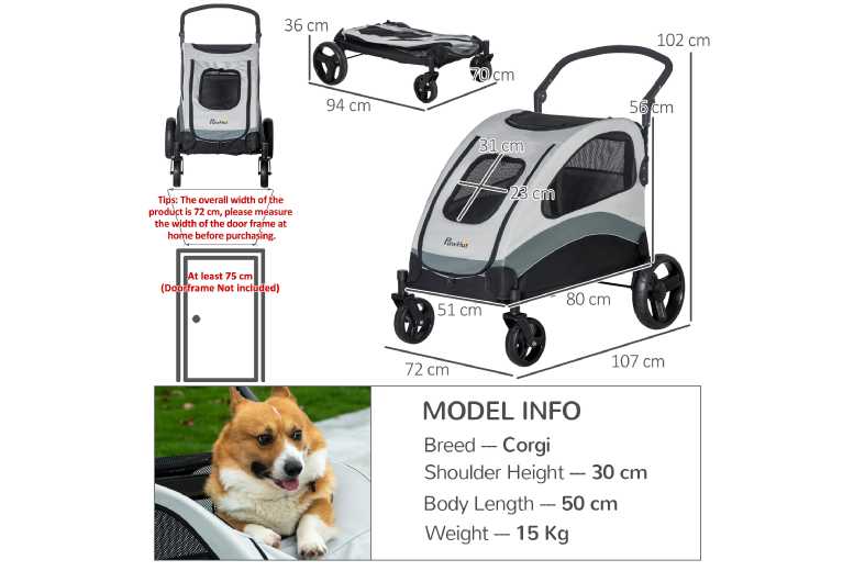 Mhstar Uk Ltd Pawhut Pet Stroller, 4 Wheels, Leash - Grey   Wowcher