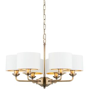 Endon Collection Lighting Highclere Multi Arm Shade Pendant Ceiling Lamp, Antique Brass Plate, Vintage White Fabric