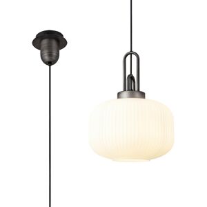Luminosa Lighting Yorktown 1 Light Pendant E27 With 30cm Pumpkin Shaped Ribbed Glass, Opal Black, Aged Pewter Luminosa Lighting Yorktown 1 Light Pendant E27 With 30cm Pumpkin Shaped Ribbed Glass, Opal Black, Aged Pewter