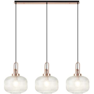 Luminosa Lighting Yorktown Linear 3 Light Pendant E27, Copper, Matt Black With 30cm Round Ribbed Clear Glass Luminosa Lighting Yorktown Linear 3 Light Pendant E27, Copper, Matt Black With 30cm Round Ribbed Clear Glass