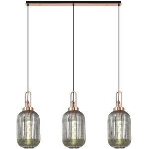 Luminosa Lighting Yorktown Linear 3 Light Pendant E27 With 20cm Tubular Ribbed Glass, Smoked Copper, Matt Black Luminosa Lighting Yorktown Linear 3 Light Pendant E27 With 20cm Tubular Ribbed Glass, Smoked Copper, Matt Black