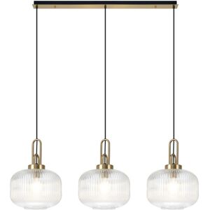 Luminosa Lighting Yorktown Linear 3 Light Pendant E27, Brass Gold, Matt Black With 30cm Round Ribbed Clear Glass Luminosa Lighting Yorktown Linear 3 Light Pendant E27, Brass Gold, Matt Black With 30cm Round Ribbed Clear Glass