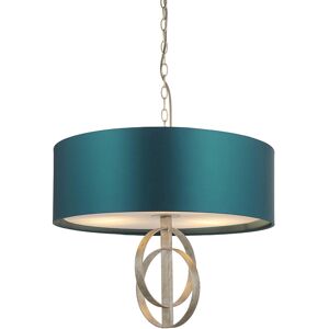 Merano Lighting Trento 3 Light Ceiling Pendant Antique Silver Leaf & Teal Satin Fabric Merano Lighting Trento 3 Light Ceiling Pendant Antique Silver Leaf & Teal Satin Fabric