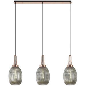 Luminosa Lighting Yorktown Linear 3 Light Ceiling Pendant E27 With 20cm Almond Ribbed Glass, Smoked Copper, Matt Black Luminosa Lighting Yorktown Linear 3 Light Ceiling Pendant E27 With 20cm Almond Ribbed Glass, Smoked Copper, Matt Black