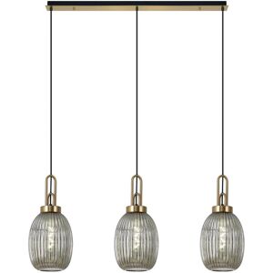 Luminosa Lighting Yorktown Linear 3 Light Ceiling Pendant E27 With 20cm Almond Ribbed Glass, Smoked Brass Gold, Matt Black Luminosa Lighting Yorktown Linear 3 Light Ceiling Pendant E27 With 20cm Almond Ribbed Glass, Smoked Brass Gold, Matt Black