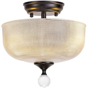 Luminosa Lighting Dresden 2 Light Semi Flush Ceiling Lamp E27 With Round 26.5cm Prismatic Effect Glass Shade Matt Black, Clear Luminosa Lighting Dresden 2 Light Semi Flush Ceiling Lamp E27 With Round 26.5cm Prismatic Effect Glass Shade Matt Black, Clear