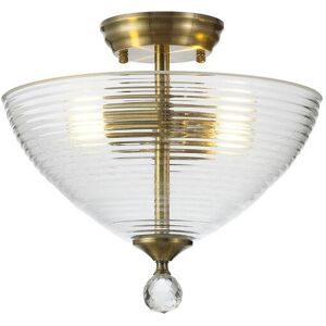 Luminosa Lighting Dresden 2 Light Semi Flush Ceiling Lamp E27 With Round 33.5cm Prismatic Effect Glass Shade Antique Brass, Clear Luminosa Lighting Dresden 2 Light Semi Flush Ceiling Lamp E27 With Round 33.5cm Prismatic Effect Glass Shade Antique Brass, Clear