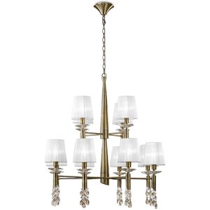 INSPIRED LIGHTING Tiffany Pendant 2 Tier 12+12 Light E14+G9, Antique Brass With White Shades & Clear Crystal INSPIRED LIGHTING Tiffany Pendant 2 Tier 12+12 Light E14+G9, Antique Brass With White Shades & Clear Crystal