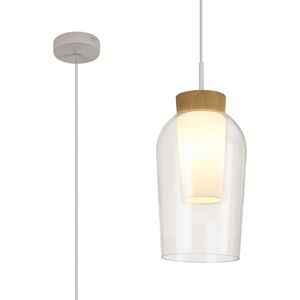 INSPIRED LIGHTING Nora Single Pendant, 1 Light Adjustable E27, White/Wood/Clear Glass With Frosted Inner INSPIRED LIGHTING Nora Single Pendant, 1 Light Adjustable E27, White/Wood/Clear Glass With Frosted Inner