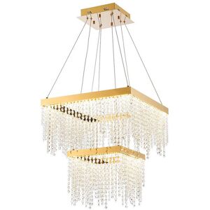 INSPIRED LIGHTING Bano Square 2 Tier Dimmable Pendant 47W LED, 4000K, 5000lm, French Gold / Crystal Chain, 3yrs Warranty INSPIRED LIGHTING Bano Square 2 Tier Dimmable Pendant 47W LED, 4000K, 5000lm, French Gold / Crystal Chain, 3yrs Warranty