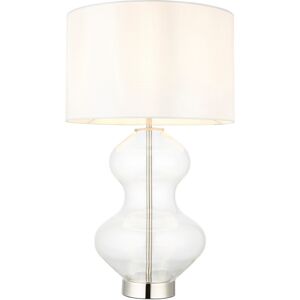 Endon Collection Lighting Kelda Shaped Table Lamp with Round Shade Bright Nickel Plate, Clear Glass With Vintage White Fabric, 1x E27 Endon Collection Lighting Kelda Shaped Table Lamp with Round Shade Bright Nickel Plate, Clear Glass With Vintage White Fabric, 1x E27
