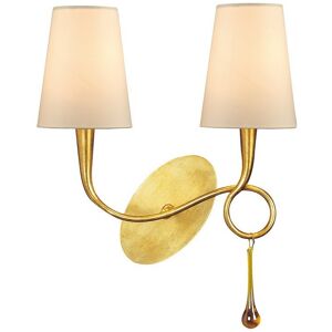INSPIRED LIGHTING Paola Wall Lamp Switched 2 Light E14, Gold Painted with Cream Shades & Amber Glass Droplets INSPIRED LIGHTING Paola Wall Lamp Switched 2 Light E14, Gold Painted with Cream Shades & Amber Glass Droplets